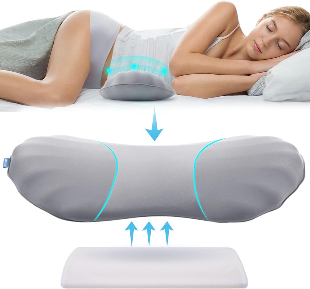 RESTCLOUD Adjustable Lumbar Support Pillow for Sleeping Memory Foam Back Support Pillow for Lower Back Pain Relief and Sleeping, Lumbar Support Pillow for Bed and Chair, Moon Grey, Includes a removable pad