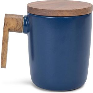 Nat & Jules Japanese Style Blue 12 ounce Stoneware Wood Handled Mug With Coaster Lid