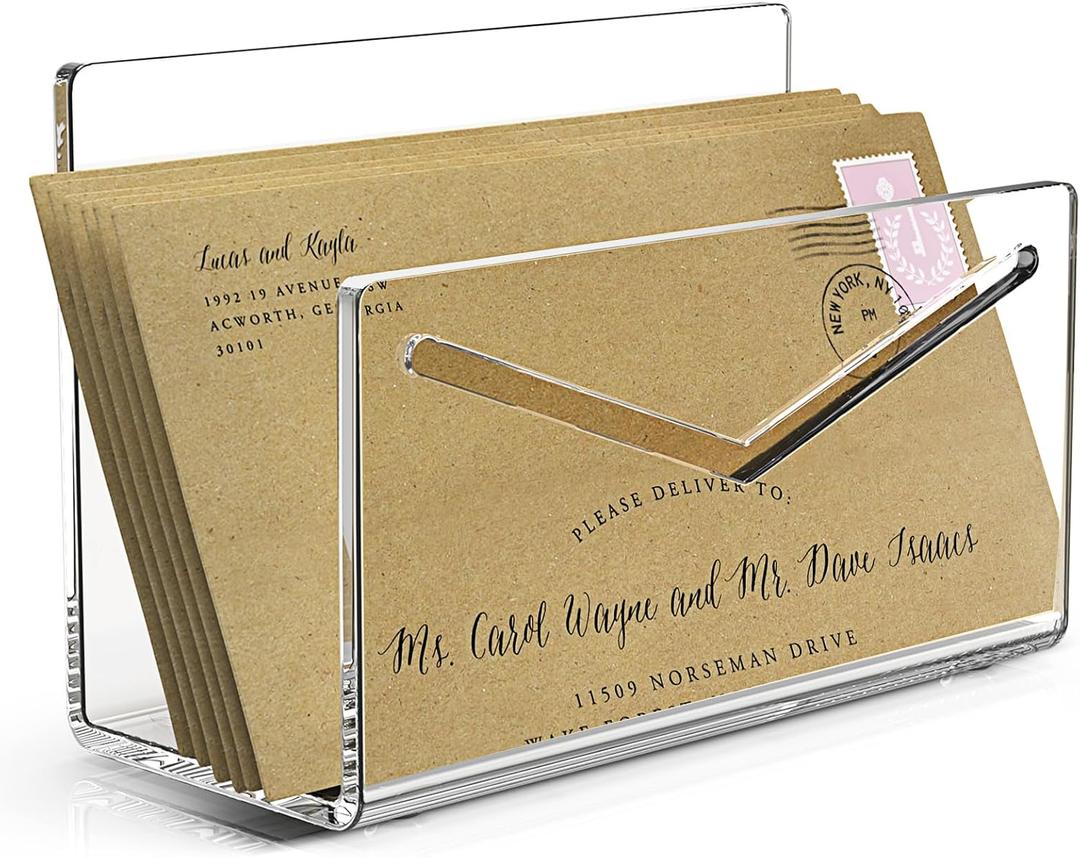 Acrylic Mail Holder, Clear Acrylic File Letter Organizer, Vertical Envelope Mail Holder for Desk, Lightweight Countertop Bill Holding Sorter Letter Invoice Stand for Home Office School (1 Section Clear)