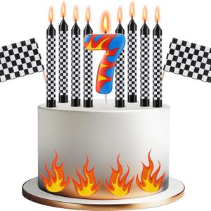 Conelist 15 Pcs Racing Cars Themed Birthday Number Candles Truck Wheel Candle Black and White Checkered Flag Cake Topper Fire Race Car Cake Decoration for Birthday Party Decoration Supplies (Number 7)