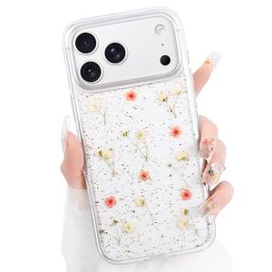 Peerok for iPhone 17 Pro Max Clear Case Natural Flowers Pattern, Cute Glitter Pink Floral Cases Slim Soft TPU Protective Women Girly 17 ProMax Phone Cover for 6.9Inch, Gypsophila Pink