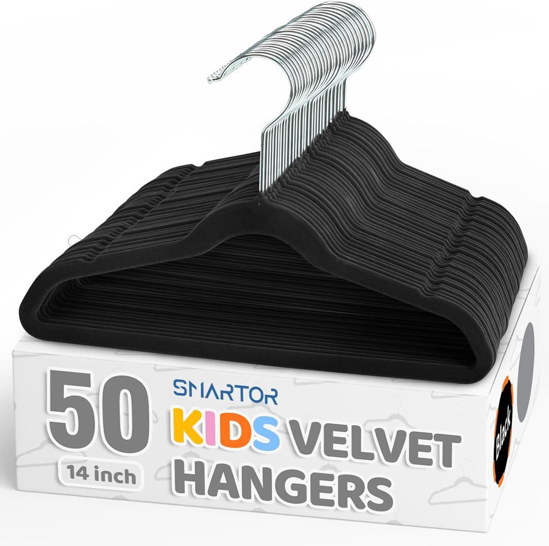 Smartor Premium 14 Inch Kids Hangers 50 Pack, Black Baby Velvet Hanger, Non Slip, Space Saving Felt Hangers Clothes Organizers for Closet with 360 Swivel Hook for Children, Toddler & Teens