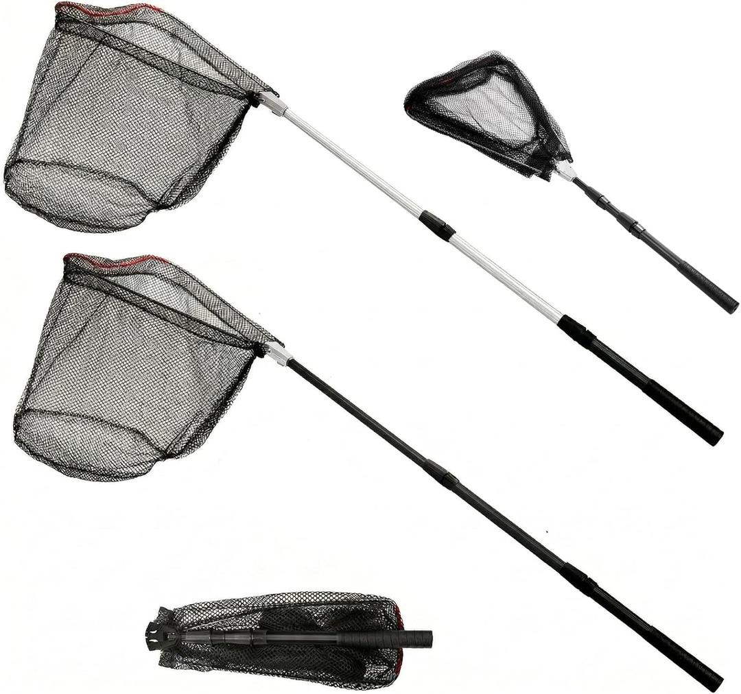 ZENFUN 2 Pack Fishing Net with Telescopic Pole Handle, Fish Landing Net with Sturdy Collapsible Handle, Folding Nylon Mesh Landing Net for Saltwater and Freshwater, Extend to 51 in(Black, White), Large