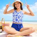 Girls Tankini Swimsuit 2 Piece Bathing Suit U Neck Swim Tank Top Tropical Print Swimwear 13-14Y