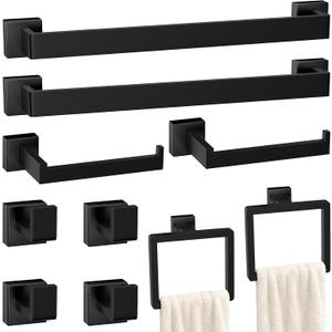 10-Pieces Matte Black Bathroom Accessories Set, Stainless Steel Bathroom Hardware Set, Towel Racks for Bathroom Wall Mounted 24 Inch Bath Towel Bar Set.