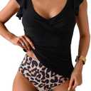 Aidonger Tankini Swimsuit for Women Tummy Control Two Piece Bathing Suit Ruched Ruffle Swimwear Top with Bottom XL, Black Leopard 