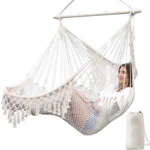 Chihee Hammock Chair Super Large Soft-Spun Cotton Rope Weaving Hanging Chair, Collapsible Strong Metal Spreader Bar Wide Seat Lace Stretch Swing Chairs Indoor Outdoor Garden Yard Theme Decoration (Natural White)