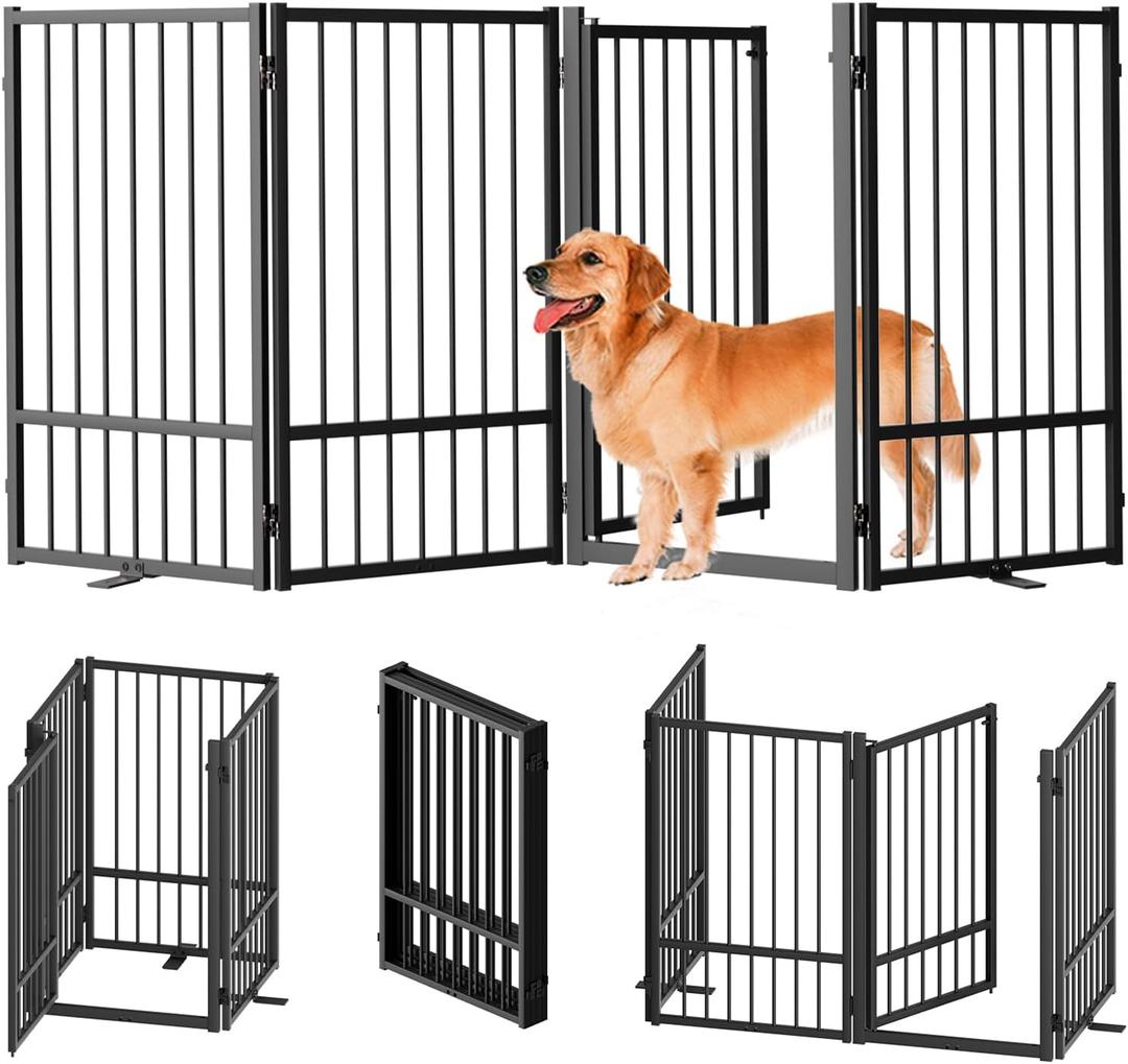 Full Metal Freestanding Dog Gate with Door, 32''Height Foldable Pet Dog Fence for Indoor & Outdoor, 4 Panels Extra Wide Free Standing TallDog Gates for Doorways,House,Stairs,Porch,Deck,Yard (Black)