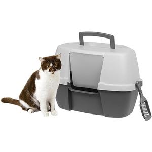 IRIS USA Cat Litter Box, Large Corner Litter Box Enclosure with Scoop, Litter Box with Lid, Handle and Buckles for Portability and Privacy, Gray