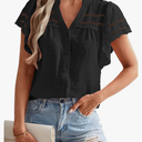 Womens Swiss Dot Summer Tops Button Down V Neck Blouses Eyelet Flutter Short Sleeve Shirts Boho Embroidered Dress Size XL