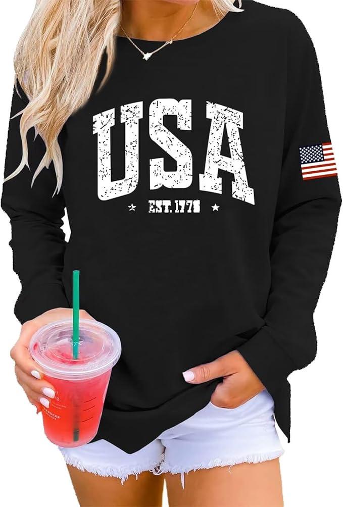 Womens 4th of July Sweatshirts American Flag Crewneck Long Sleeve Sweater Loose Tops Fall Winter Clothes (Black), XL