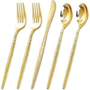 Rubtlamp 180 Pcs Gold Plastic Silverware - Disposable Plastic Utensils - Hammered Plastic Forks And Spoons - Gold Plastic Cutlery Set Include 60 Forks, 60 Knives And 60 Spoons for Party