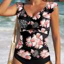 Aleumdr Two Piece Tankini Swimsuits for Women Cutout Tummy Control Bathing Suit Ruffled V Neck Tank Tops with Bottom (Black, XL)