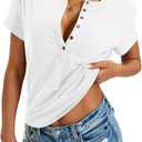 EasyGala Womens Cotton Deep V Neck Tops Low Cut Short Sleeve Henley Shirts Sexy Fitted Tees Summer Fashion Clothes 2026 (White, S)