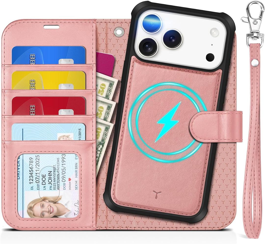 TUCCH 2-in-1 Detachable Wallet Case for iPhone 17 Pro Max (6.9-inch) 2025, RFID Blocking 4 Card Slots, Wireless Charging, Wrist Strap, Kickstand, Magnetic, PU Leather, Protective Flip Cover, Rose Gold