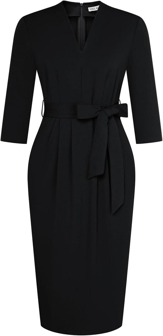GRACE KARIN Womens Work Dresses V Neck 3/4 Sleeve Back Zipper Tie Waist Bodycon Dress Office Cocktail Dress with Pockets (Medium, Black)