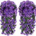 Suncalla 2 Pcs Artificial Fake Hanging Flowers Plants for Outdoor Faux Silk Morning Glory Vines UV Resistant Petunias Ferns Outside Spring Decoration for Porch Balcony Patio Garden (Purple)