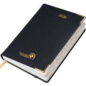 POPRUN Daily Planner 2026 (Medium-5.75" x 8.5") One Page Per Day Planner with Vegan Leather Hardcover - Agenda 2026 (Jan. - Dec.) Page A Day Calendar Book with Monthly Tabs, Inner Pocket - Black