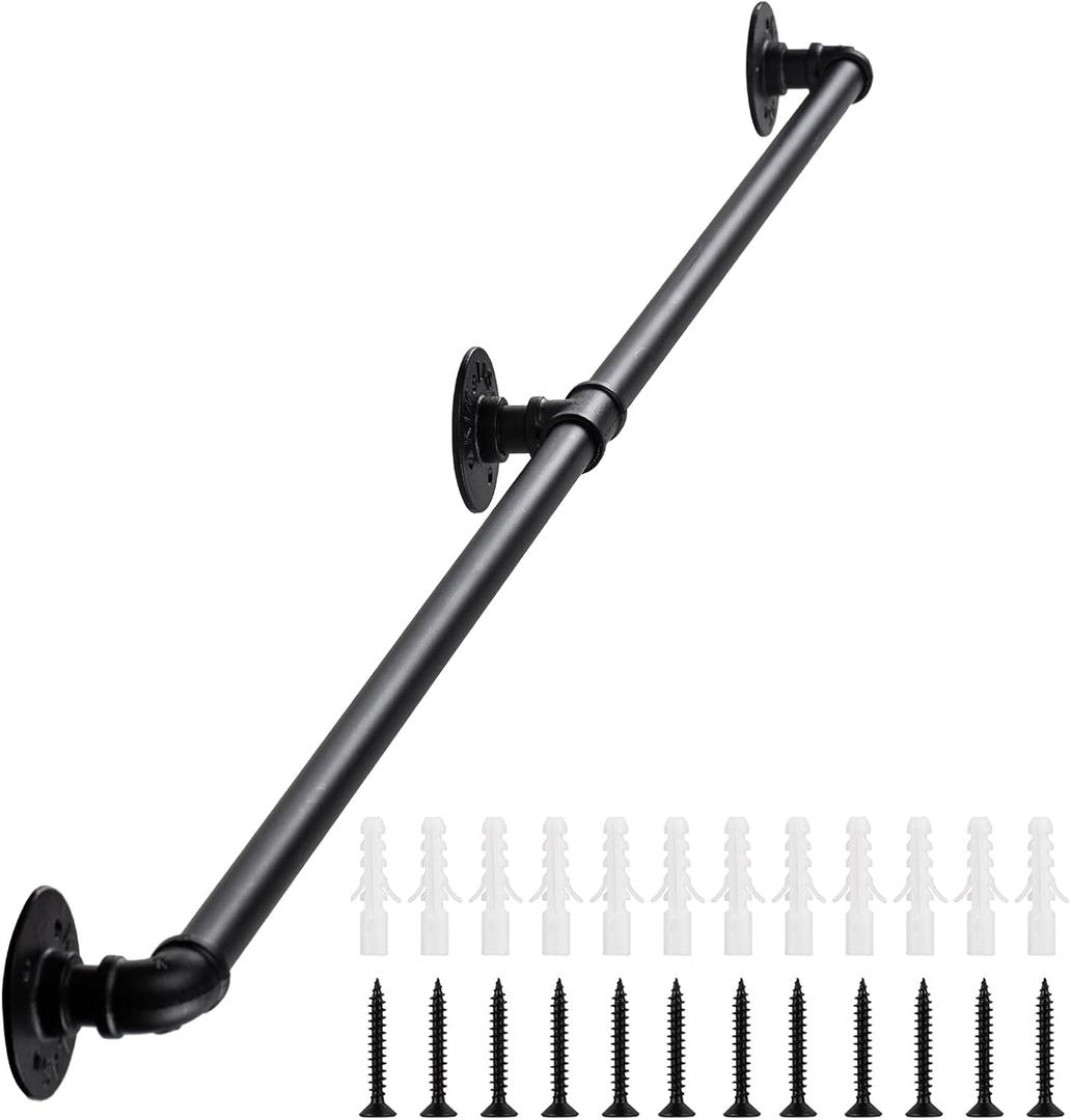 Handrail for Indoor Stairs - 8 Feet Wall Mount Industrial Iron Pipe - Metal Railing Non-Slip Grab Bar - Stairs Porch Deck Hand Rail Matte Black