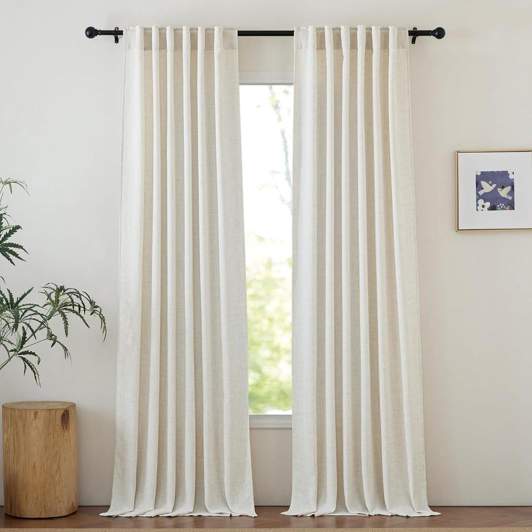 NICETOWN Faux Linen Sheer Cream Curtains for Bedroom, Rod Pocket & Back Tab Rustic Semi Sheer Window Treatments with Light Penetration Drapes for Living Room/Kids Room, W52 x L90, 2 Panels