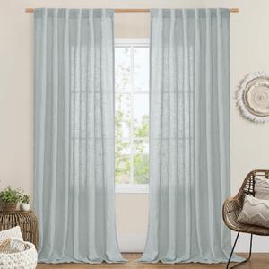 LAMIT Linen Curtains 108 Inches Long for Living Room, Back Tab and Rod Pocket Linen Textured Sheer Curtains Light Filtering Curtains for Boho Farmhouse, 2 Panels, 52 x 108 Inch, Greyish Blue
