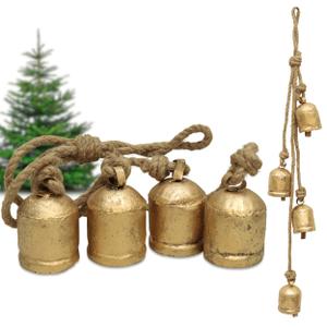 8 Large Rustic Vintage Cow Bells on Rope – Lucky Cow Bells Cluster, Handmade Metal Wall Hanging Décor for Home, Garden, Patio – Boho Farmhouse Bells on Rope Décor