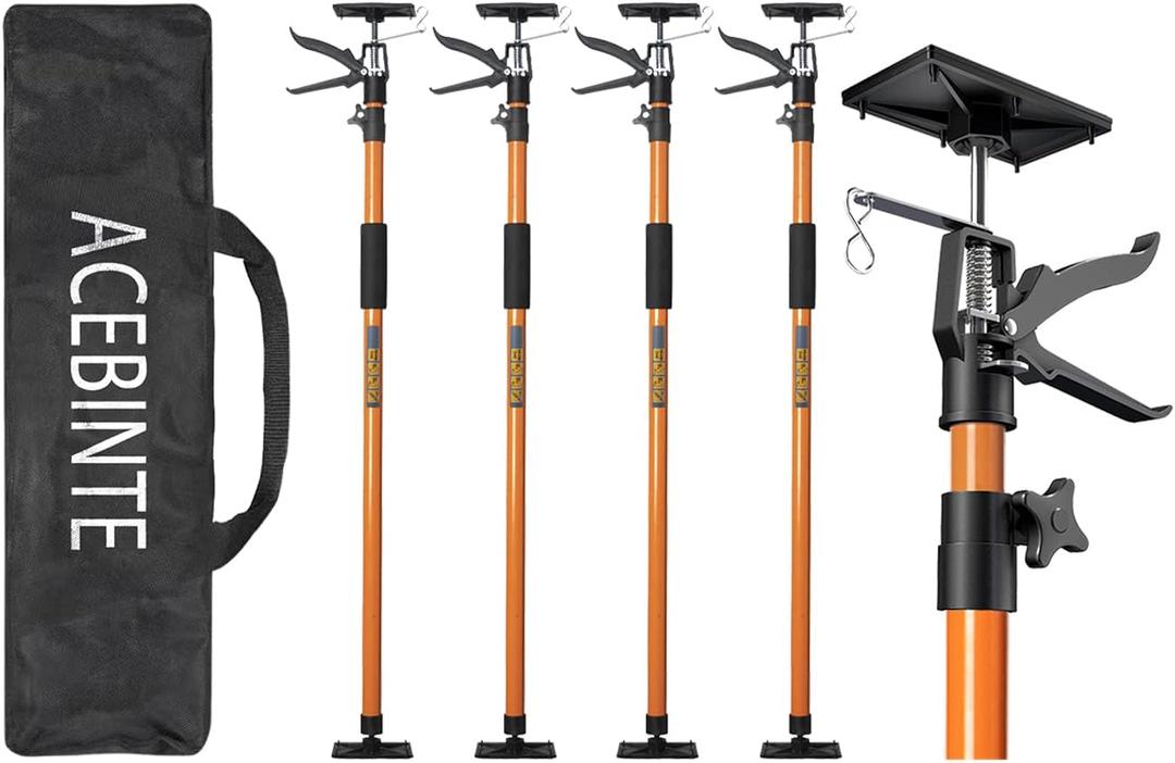 4PK Support Pole, Steel Telescopic Adjustable 3rd Hand Support System, Support Rod, Supports up to 154 lbs Construction Rods for Cabinet Jacks Cargo Bars Drywalls Extends from 49 Inch to 114 Inch