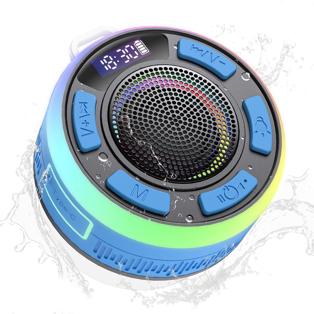 IPX7 Waterproof Shower Bluetooth Speaker, Portable Small Speaker with Suction Cup and Time Display, Loud Crystal Sound & Bass 10H Playtime 1100mAh, Wireless Shower Speakers for Pool, Beach Gift Blue