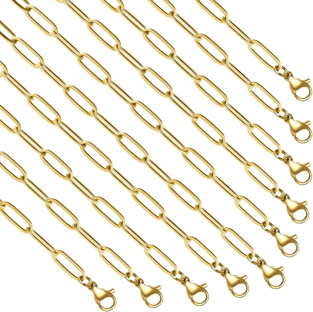 YOUBEIYEE 10pcs Charming Paperclip Necklace Chain Kit Gold Plated Stainless Steel Link Chain Necklace Paper Clip Necklace Bulk (20inch (4x12mm))