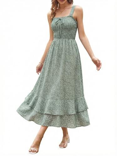 GRACE KARIN Women's 2025 Summer Floral Boho Dress Square Neck Strapped Swing A Line Sundress Beach Long Maxi OutfitsGreen L