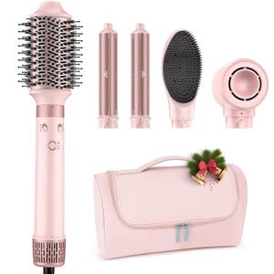 Dual Voltage Hot Air Styler Wrap - 6 in 1 Hair Dryer Brush with Fast Drying Blow Dryer, Styling, Straightening & Volumizing with Travel Bag (100V240V) (Pink)