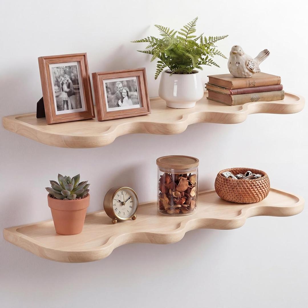 Pinkunn 2 Pcs Natural Wood Floating Shelves for Wall 24 Inch Wooden Wave