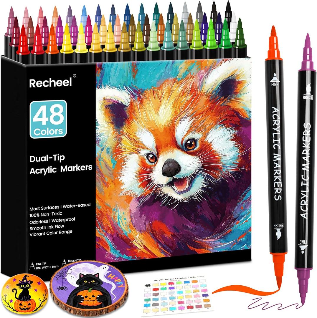 48 Colors Acrylic Paint Markers, Dual Tip with Precision Fine Tip and Versatile Brush Tip Pens for Creative DIY, Crafting, Stone, Wood, Canvas, Glass, Metal, and More