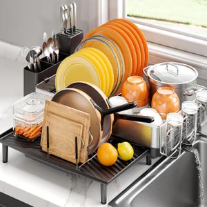 Urackify Dish Rack for Kitchen Counter, 304 Stainless Steel Dish Drying Rack, Expandable Dish Drainer, Foldable Dish Strainer with Cutlery Holder, Kitchen Plate Rack (Black, Large Size) (Silver)