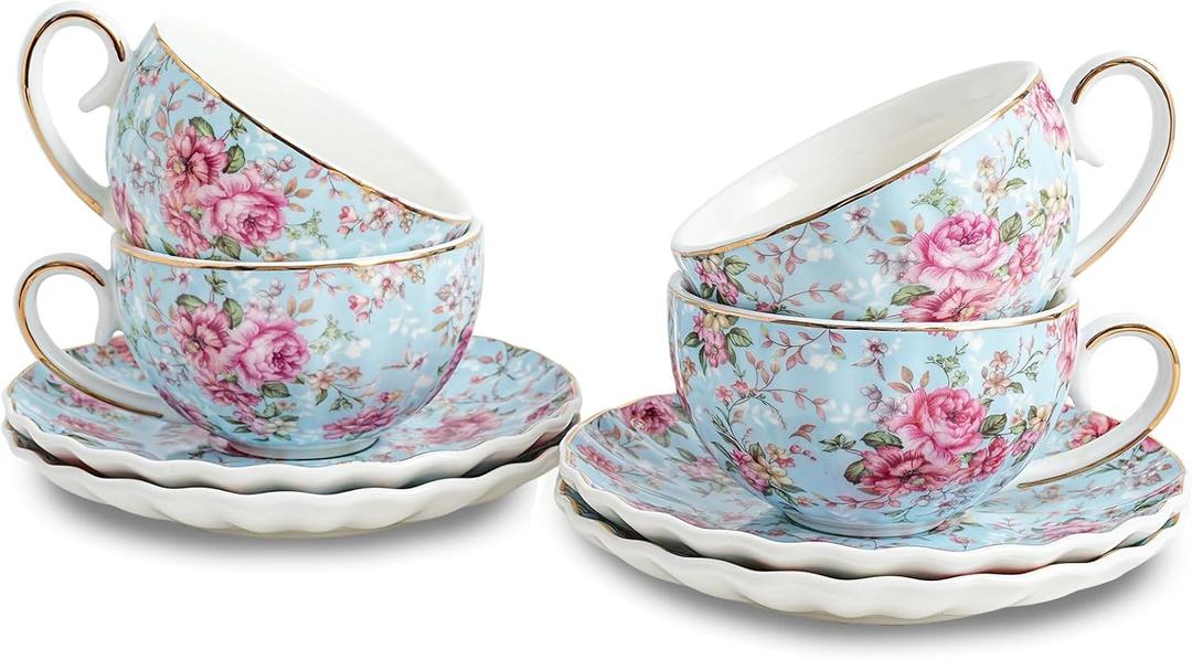 Tea Cup and Saucers, 6.4oz Floral Tea Cups with Gold Trim, Porcelain Teacup, Coffee Cappuccino Espresso Latte Mugs for Party Birthday,Party Cafe Home, Christmas Gift (Blue)