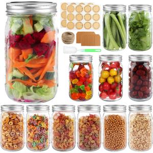 PINIWON Wide Mouth Mason Jars 32 oz with Airtight Lids and Bands, 12 Pack Quart Canning Jars, Clear Glass Mason Jars for Canning, Pickling, Preserving, Meal Prep, DIY Projects