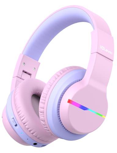 iClever BTH12 Kids Bluetooth Headphones,Colorful LED Lights,74/85dBA Safe Volume,85H Playtime,Bluetooth 5.2,Over Ear Headphones Built-in Mic for iPad/Tablet/Airplane,Blossom Pink
