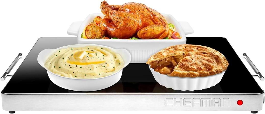Chefman Electric Warming Tray with Adjustable Temperature Control, Perfect For Buffets, Restaurants, Parties, Events, and Home Dinners, Glass Top Extra Large 21 x 16 Surface Keeps Food Hot  Black (Stainless)