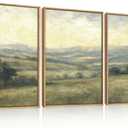 Large Vintage Green Grey Landscape Framed Canvas Wall Art Set,Abstract Rustic Countryside Forest Wall Decor,Retro Oil Painting Wilderness Artwork for Living Room,Bedroom,Farmhouse-16 x24 x3