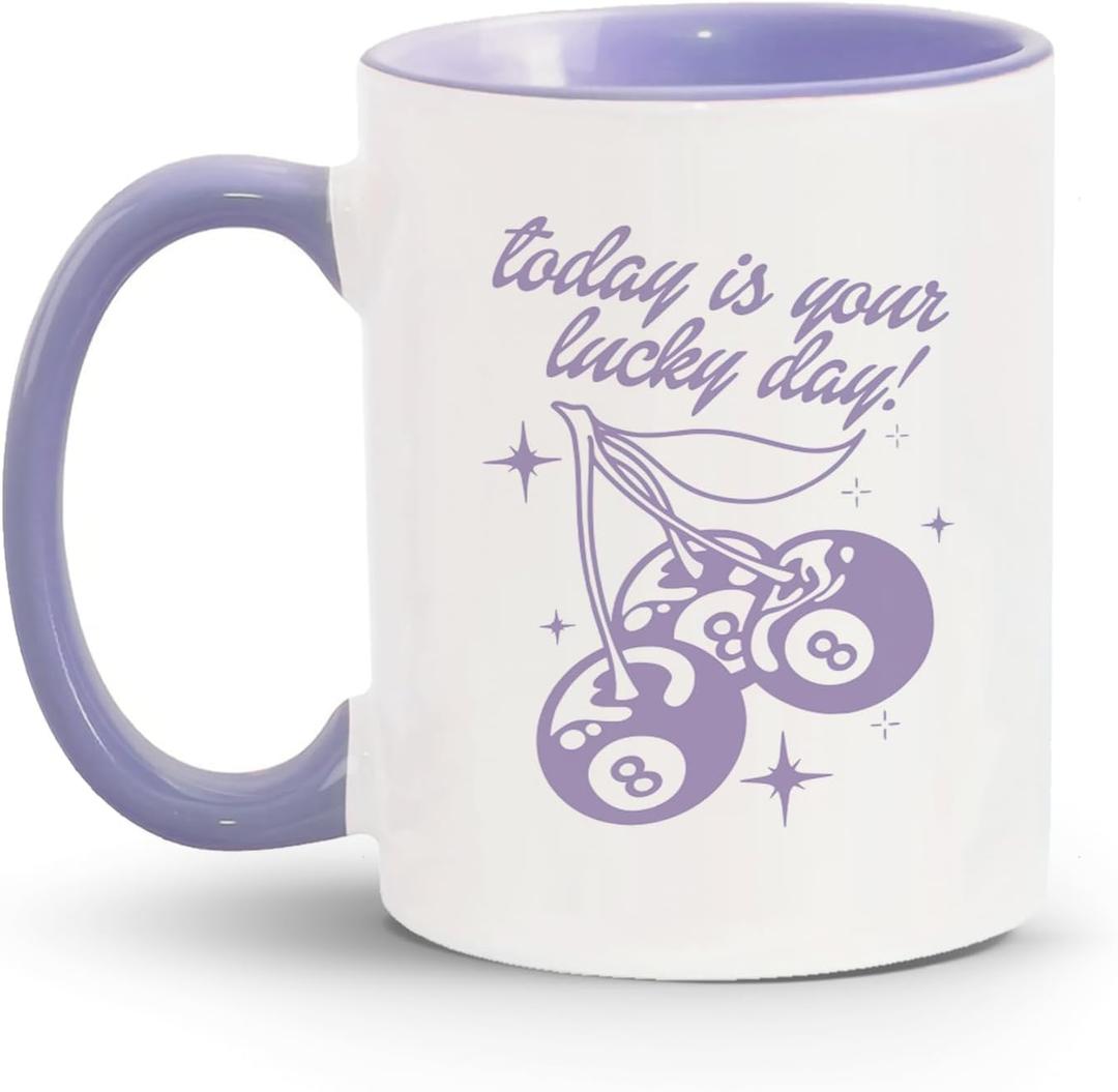 Trendy Purple Cherry Coffee Mug Gifts for Women Girls, Retro Magic 8 Ball Ceramic Coffee Mug, Preppy Coffee and Tea Mug, 11oz Ceramic Cup Purple