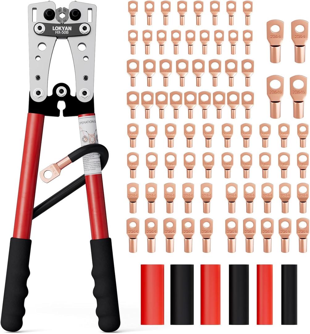 LOKYAN Battery Cable Lug Crimping Tool Kit for AWG 10-1/0, Electrical Lug Crimper with 78pcs Wire Lugs and 110pcs Heat Shrink Tubing, Heavy Duty Wire Crimper