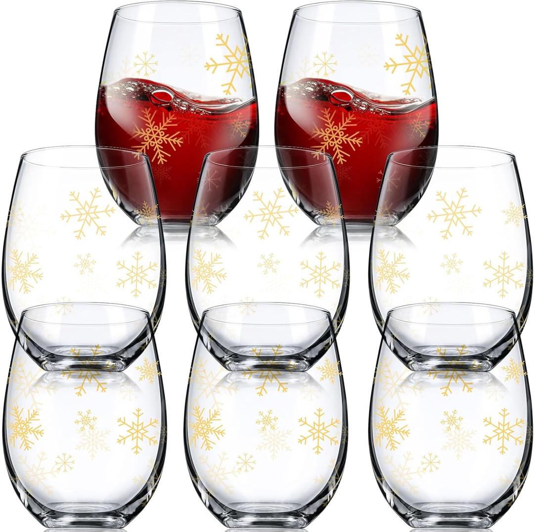 Umigy 8 Pcs Christmas Glasses Xmas Stemless Glass Christmas 15 oz Snowflake Winter Let It Snow Leaf Berry Glasses for Party Friend Family Holiday Birthday Decoration(Snowflake) (Gold)