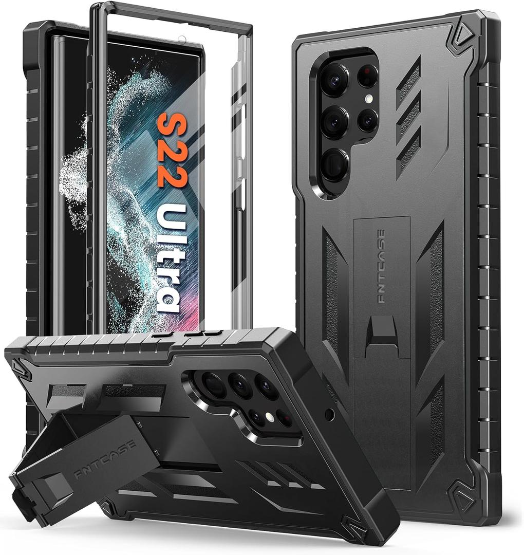FNTCASE for Samsung Galaxy S22 Ultra Case: Built-in Screen Protector & Kickstand Full-Body Dual Layer Rugged Military Grade Shockproof Protection Heavy Duty Protective Phone Cover 5G-Black