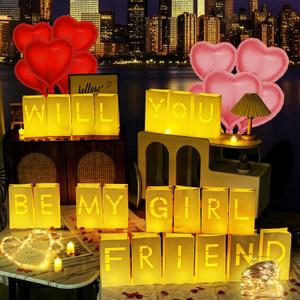 Leorate Will You Be My Girlfriend Proposals Light Up Letters Set  16 LED Lit Paper Bags with Heart Balloons, Rose Petals & Fairy Lights, Romantic Decorations for Valentine's Day Birthday Surprise
