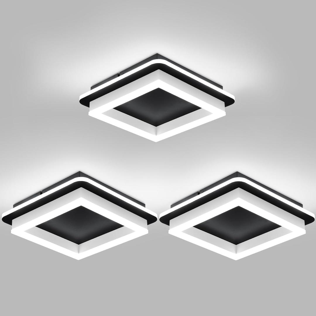 CANEOE 3 Packs Square Flush Mount Ceiling Light, 6000K Black Modern LED Ceiling Light Fixture, Minimalist Hallway Lighting Fixture Ceiling Lamp for Hallway Entryway Bedroom Balcony (Black&White)