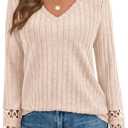 PRETTYGARDEN Women's Long Sleeve Shirts Ribbed Knit V Neck Tee Dressy Casual Blouses Going Out Tunic Tops 2026 Fall Outfits (Beige, S)