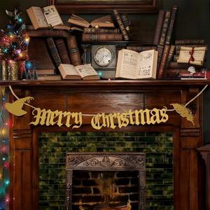 Leinuosen 47'' Magical Wizard Merry Christmas Banner Metal Merry Christmas Garland Sign Vintage Metal Happy Banner Party Decor for Xmas Holiday Birthday Party Supply Indoor Home Office Mantle Decor