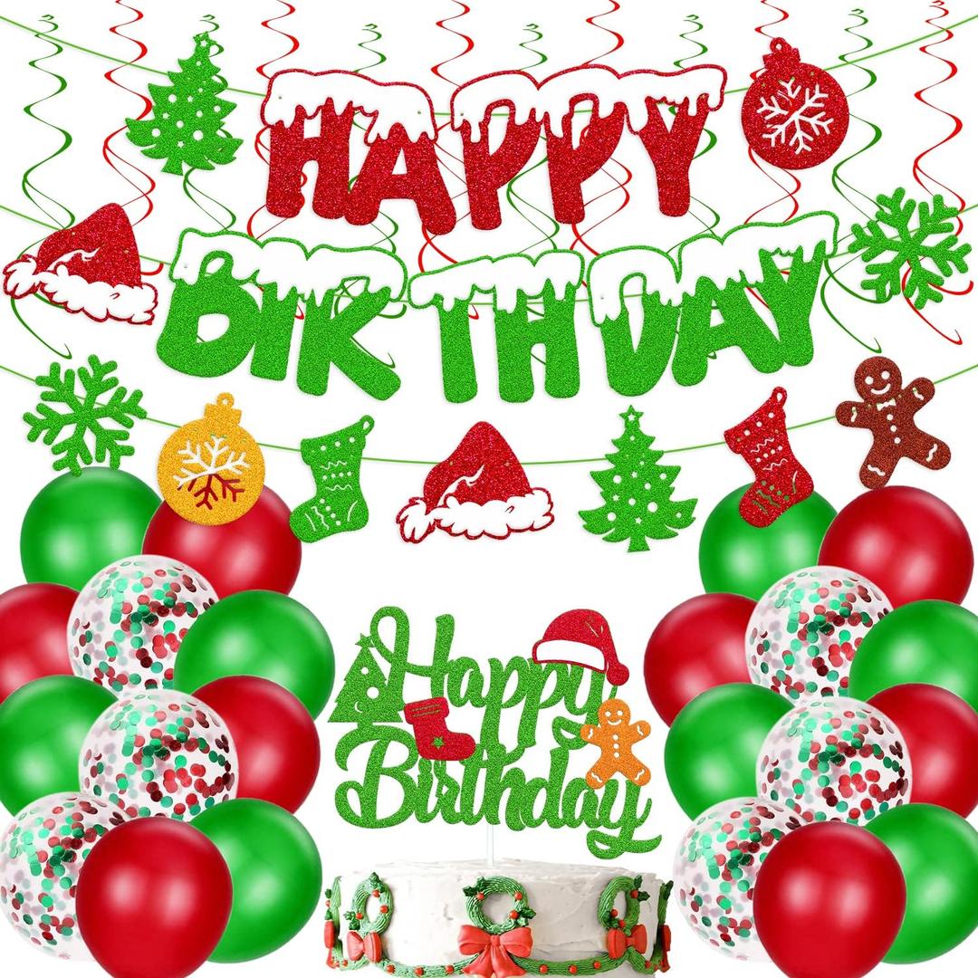 Christmas Birthday Decoration Happy Birthday Banner Christmas Cake Topper Red Green Hanging Swirls Balloons for Happy New Year Theme Party Supplies