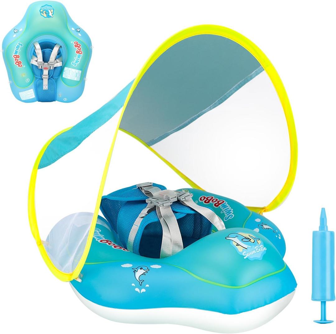 Free Swimming Baby Inflatable Baby Swim Float with Sun Canopy Size Improved Infant Pool Floaties Swimming Pool Toys for The Age of 3-36 Months (Small)