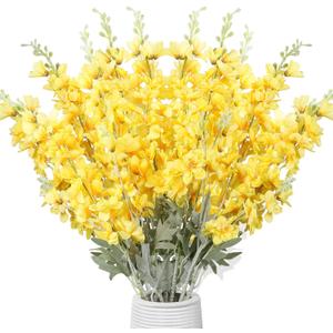 Thiccywoov 12 Pcs Delphinium Artificial Flowers, 33.5'' Long Stem Lifelike Faux Silk Flower Fake Look Real Bouquet for Tall Vase DIY Wedding Party Home Kitchen Arrangement Decor(Gradient Yellow)